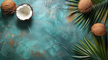 ai gerado rachado coco e Palma folha em suave superfície. tropical elegância foto