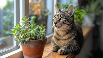 ai gerado gato sentado em janela peitoril Próximo para em vaso plantar foto