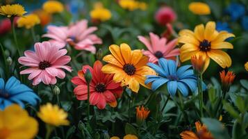 ai gerado colorida flores dentro Relva foto