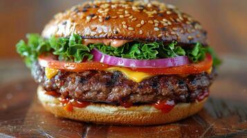 ai gerado delicioso Hamburger com alface, tomate, cebola, e queijo foto