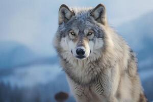 ai gerado cinzento Lobo anda em através uma Nevado inverno floresta. europeu Lobo dentro natural habitat. selvagem vida. foto