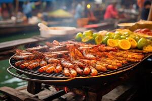 ai gerado grelhado camarão em churrasco às rua mercado foto