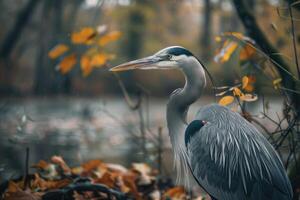 ai gerado ótimo azul garça de a lago foto