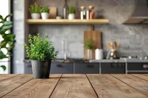 ai gerado de madeira mesa superfície com em vaso plantar contra cozinha pano de fundo foto