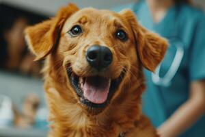 ai gerado feliz cachorro às veterinario clínica com médico dentro fundo foto