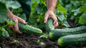 ai gerado fechar-se do agricultor mãos colheita pepinos dentro a jardim foto