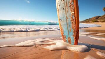 ai gerado prancha de surfe em uma arenoso de praia fundo foto