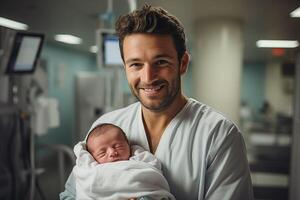 ai gerado feliz homem com recém-nascido em uma maternidade hospital fundo foto