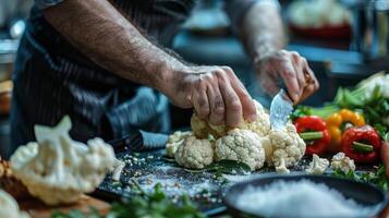 ai gerado cozinhando mostrar com mãos demonstrando quão para preparar couve-flor pratos foto