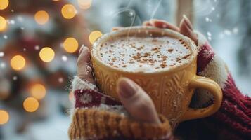 ai gerado inverno cabine com mãos invólucro por aí uma caloroso caneca do quente cacau. foto