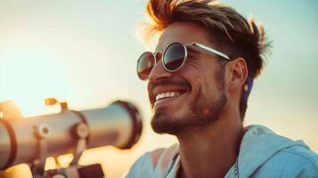 ai gerado sorridente homem com uma telescópio e eclipse vendo óculos foto