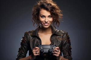 ai gerado lindo menina jogador com controle de video game foto