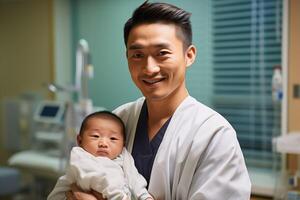 ai gerado sorridente japonês homem com recém-nascido foto