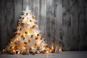 ai gerado iluminado Natal árvore em de madeira fundo foto