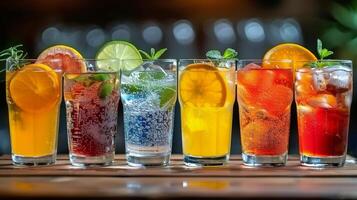 ai gerado sortido óculos preenchidas com diferente bebidas foto