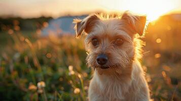 ai gerado pequeno Castanho cachorro em pé em exuberante verde campo foto