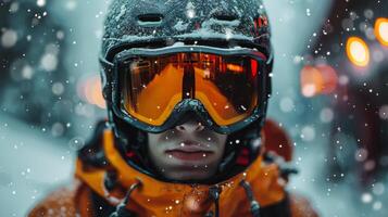 ai gerado homem vestindo capacete e óculos dentro a neve foto