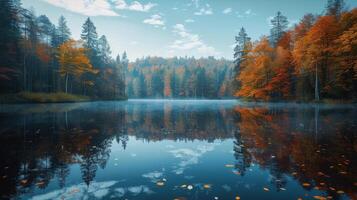ai gerado outono árvores em torno da água corpo foto