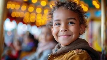 ai gerado pequeno menina desfrutando uma Carrossel passeio foto