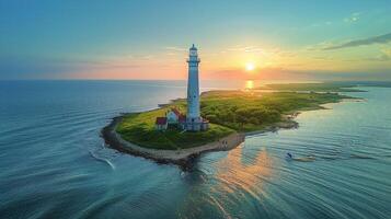 ai gerado aéreo Visão do farol dentro a oceano foto