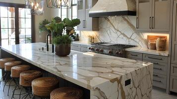 ai gerado moderno cozinha com mármore bancadas e fezes foto