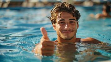 ai gerado homem dando polegares acima dentro natação piscina foto