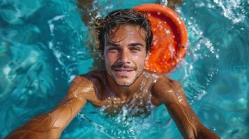 ai gerado homem segurando laranja bola dentro natação piscina foto