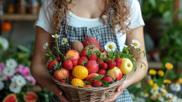 ai gerado mulher segurando uma cesta cheio do fruta foto