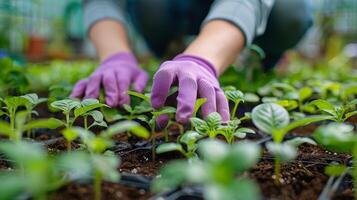 ai gerado pessoa dentro roxa luvas cuidando para plantas foto