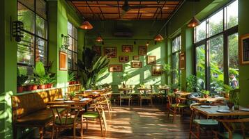 ai gerado restaurante com verde paredes e de madeira mesas foto