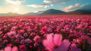 ai gerado Rosa flores campo com montanhas dentro fundo foto