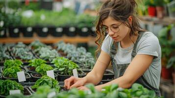 ai gerado mulher cuidando para plantas dentro estufa foto