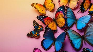 ai gerado grupo do colorida borboletas em Rosa fundo foto
