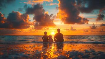 ai gerado homem e dois crianças assistindo pôr do sol em de praia foto