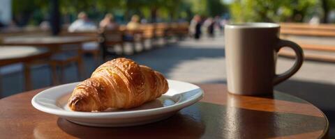 ai gerado croissant em a mesa Próximo para uma copo do café dentro a ao ar livre cafeteria dentro a manhã em uma ensolarado dia foto