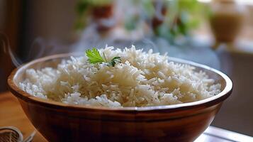 ai gerado uma tigela do recentemente cozinhou arroz é em a mesa. gerado de artificial inteligência. foto