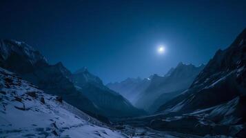 ai gerado uma montanha vale com neve e uma cheio lua foto