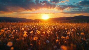 ai gerado Sol configuração sobre campo do flores foto