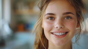 ai gerado confiante sorrir jovem menina com suspensórios sorrisos alegremente às Câmera durante dental compromisso foto