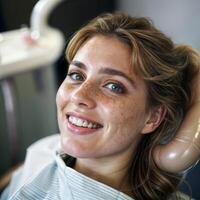 ai gerado dental cadeira relaxamento mulher com grandes cabelo desgasta uma sorrir durante dental Visita foto