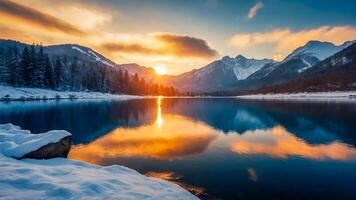 ai gerado lago e montanha lindo colorida cenário pôr do sol. foto