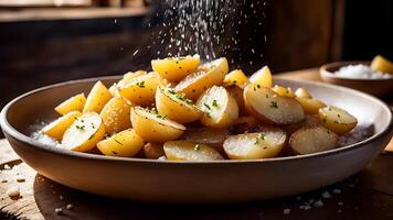 ai gerado fervido batatas borrifado com sal em uma de madeira mesa, rústico estilo foto