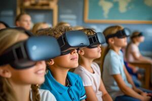 ai gerado grupo do crianças estão sentado dentro Sala de aula vestindo óculo virtual realidade fones de ouvido e olhando às a tela dentro frente do eles foto