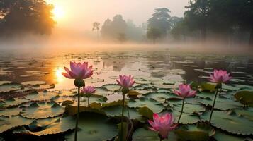 ai gerado lótus flores florescendo dentro uma tranquilo lagoa às nascer do sol foto