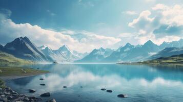 ai gerado lindo montanha panorama com lago e azul céu foto