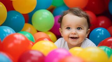 ai gerado uma sorridente bebê é cercado de uma arco Iris do balões foto