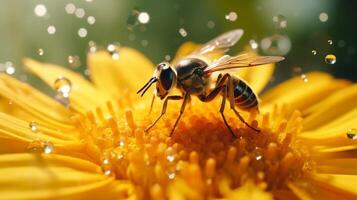 ai gerado uma fechar-se tiro do uma querida abelha colecionar pólen a partir de uma amarelo flor com verde folhas foto