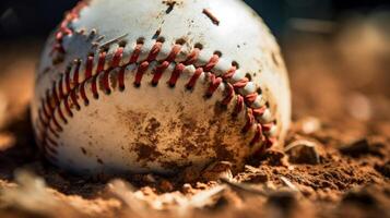 ai gerado uma macro tiro do uma beisebol vermelho costura e branco couro superfície foto