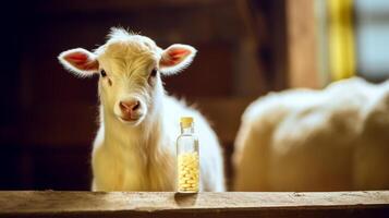 ai gerado uma branco e azul garrafa do veterinário remédio em uma de madeira fundo foto