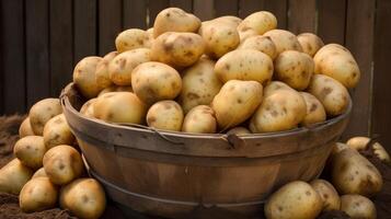 ai gerado cesta transbordante com único herança batatas foto